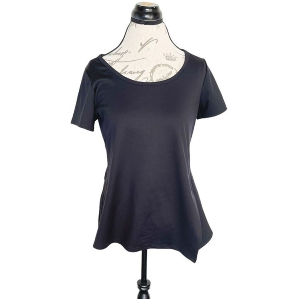 Justfab Active Womens Blouse Black Mesh Short Sleeve Asymmetric Side Slit Size S